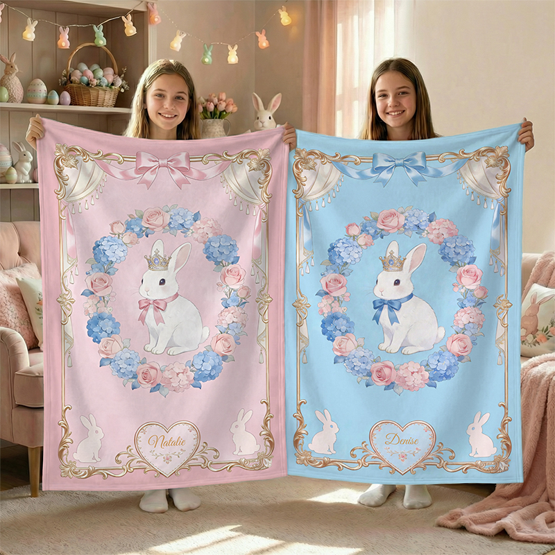Personalized Name Bow Frame Floral Crown Rabbit Blanket Flannel Sherpa Throw for Bed Couch Home Decor Birthday Easter Gift for Kids Boys Girls