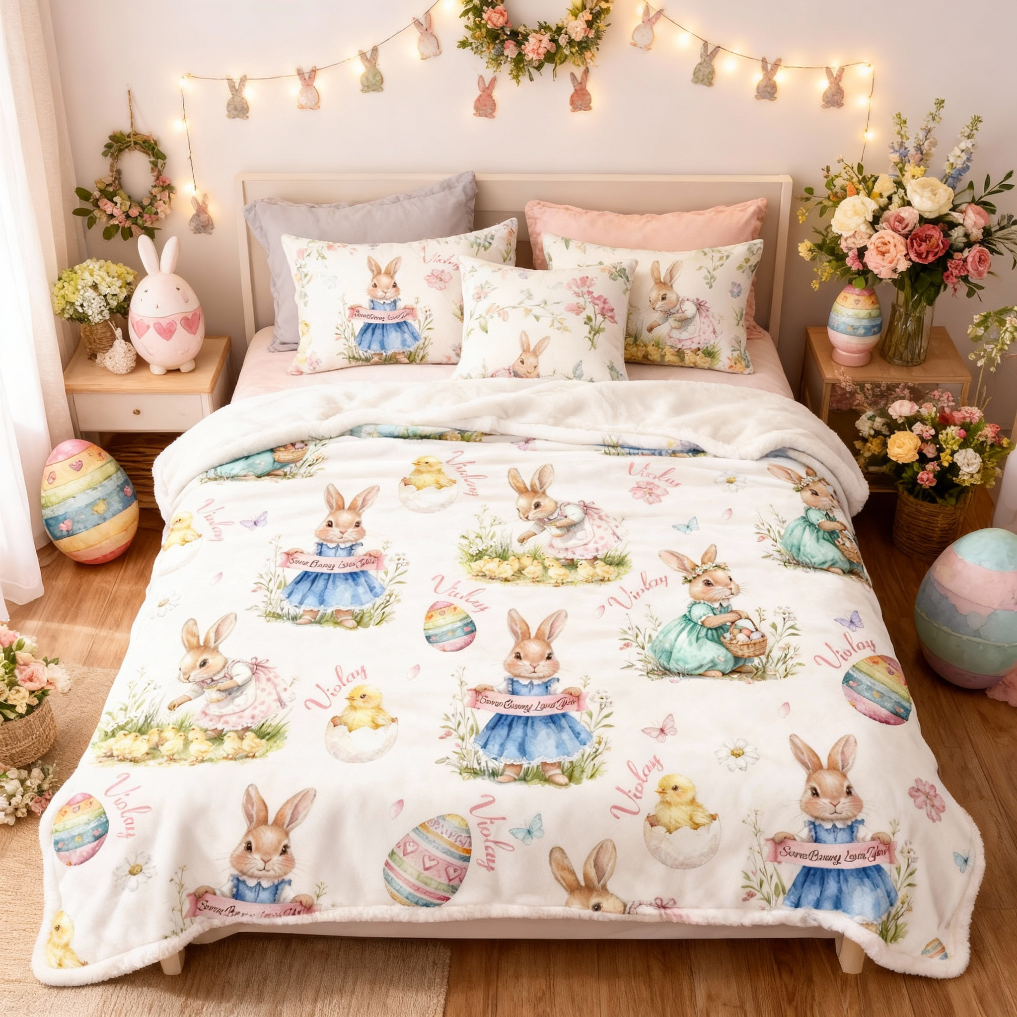 Personalized Easter Bunny Spring Floral Dress Custom Name Kids Room Decor Soft Cozy Colorful Holiday Gift Blanket