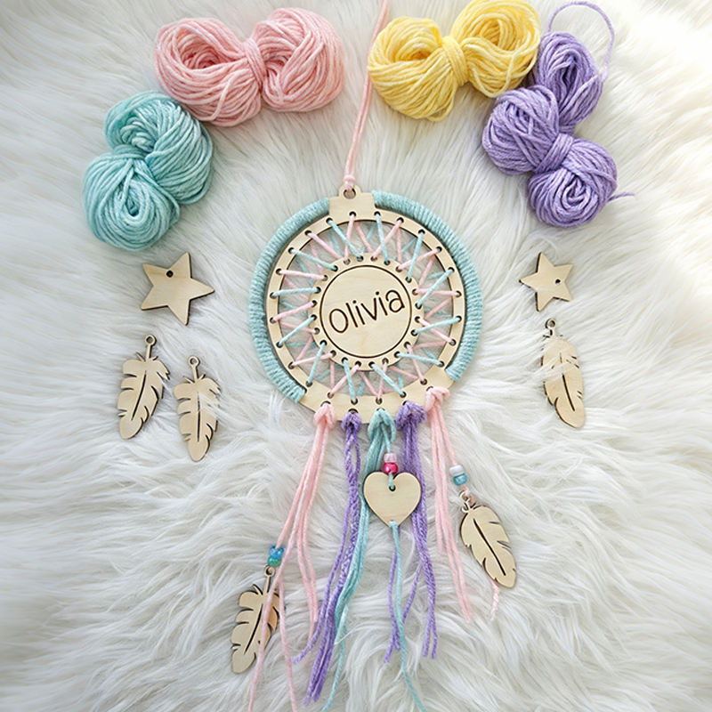 Personalized DIY Dream Catcher Kit for Kids Custom Name Creative Craft with Yarn and Wooden Decorations