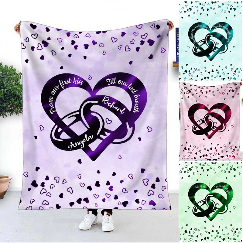 Personalized From Our First Kiss Till Our Last Breath Heart with Couple Rings Custom Valentine's Day Gift Blanket