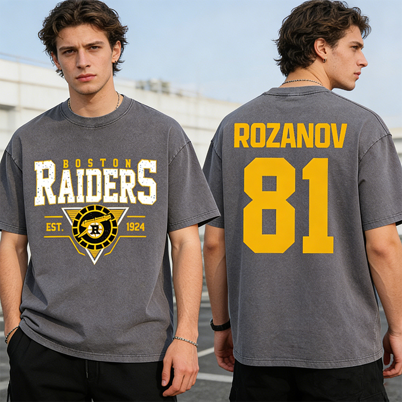 Personalized HR Theme Boston Raiders Ice Hockey Washed T-Shirt for Hockey Enthusiasts