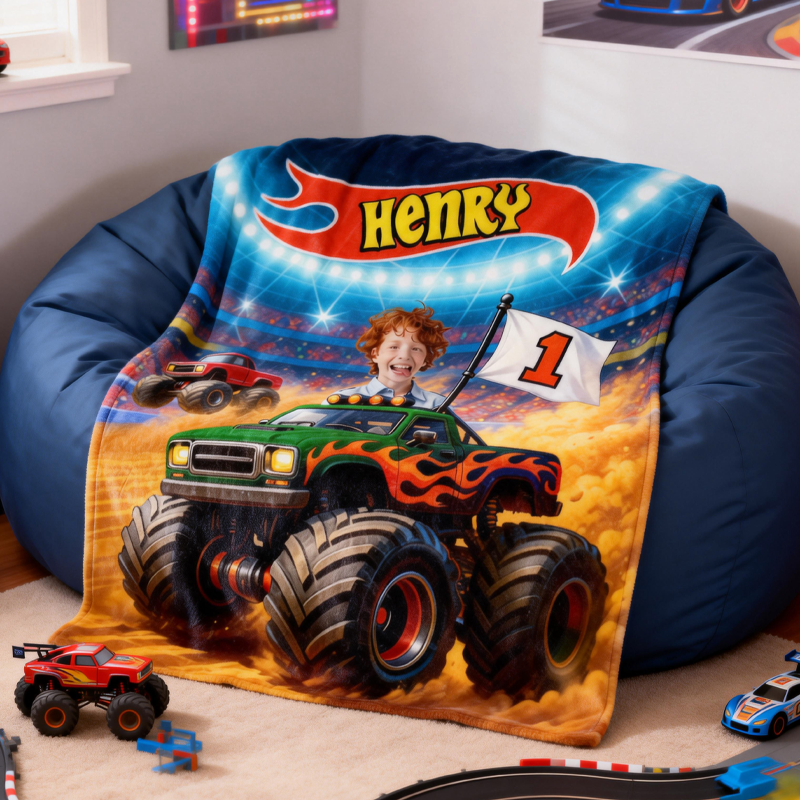 Personalized Thrilling Adventure With Monster Trucks Custom Blanket Gift For Boys And Kids