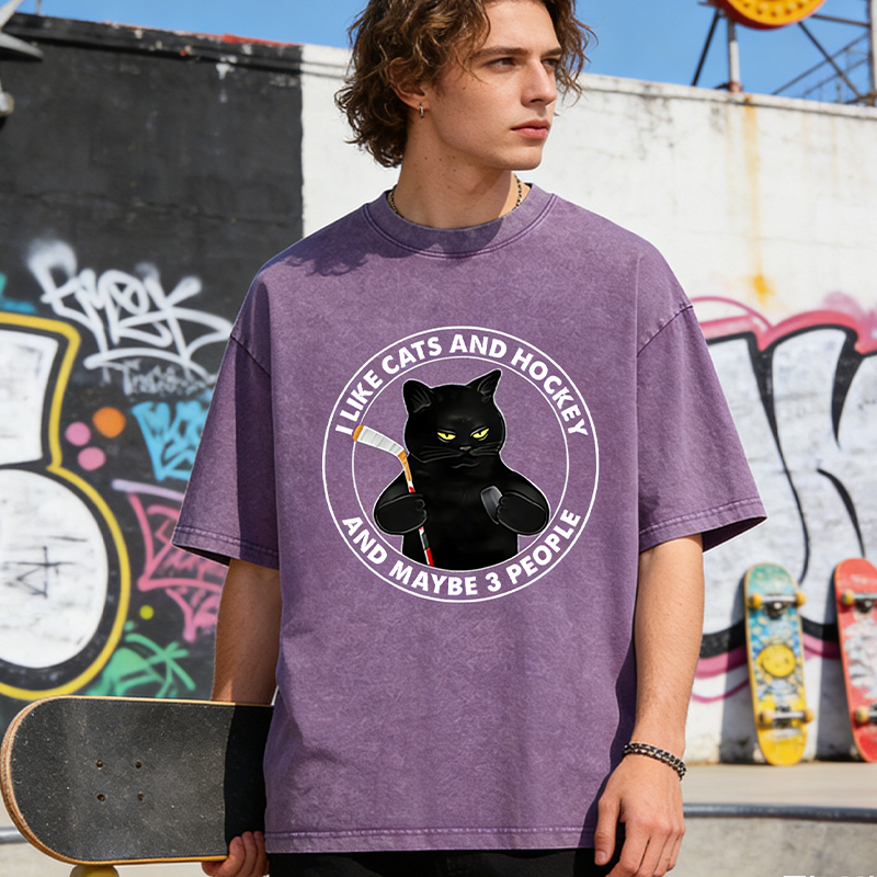 Personalized Funny Cat and Hockey Lover Washed T-Shirt with Custom Name and Number