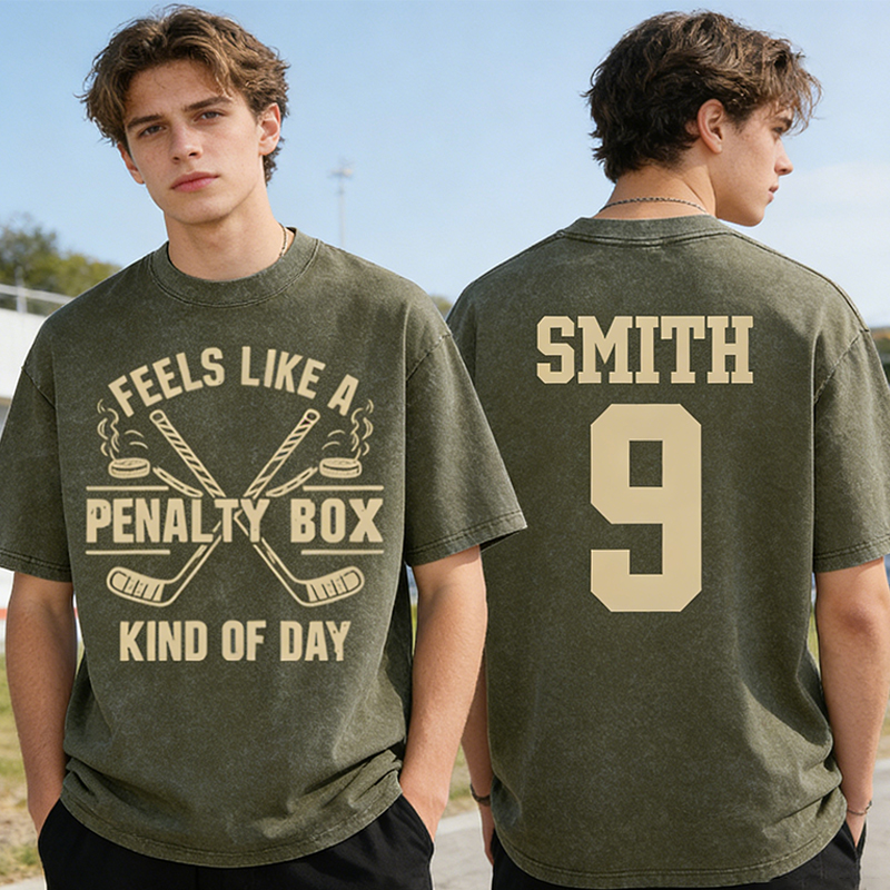 Personalized "Penalty Box Kind of Day" Hockey Washed T-Shirt with Custom Name and Number