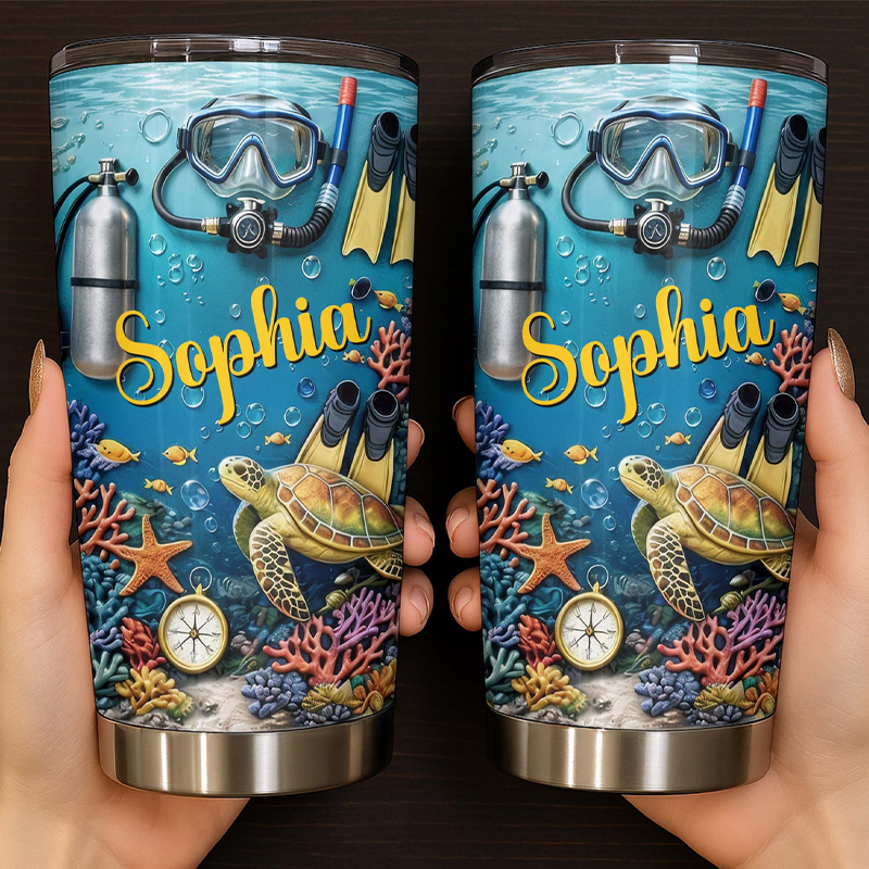 Personalized 2D Flat Explore the Ocean Mysteries Turtle and Marine Life Personalized Custom Stainless Steel Tumbler Gift for Ocean Lovers