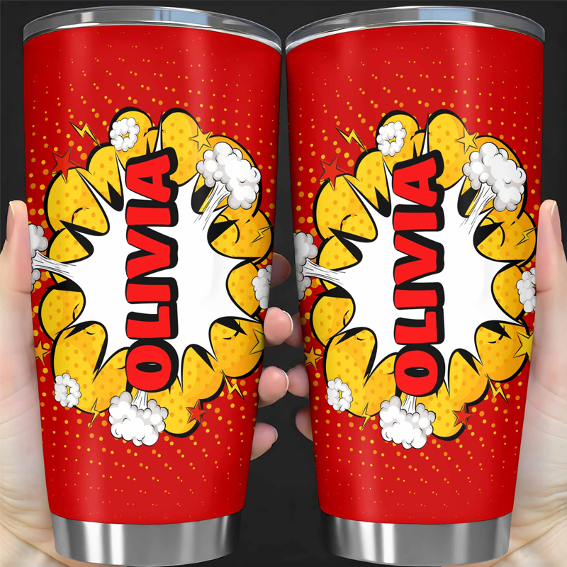 Personalized 2D Flat Burst of Name in Tropical Style with Comic Style Explosion Personalized Tumbler Gift for Kids