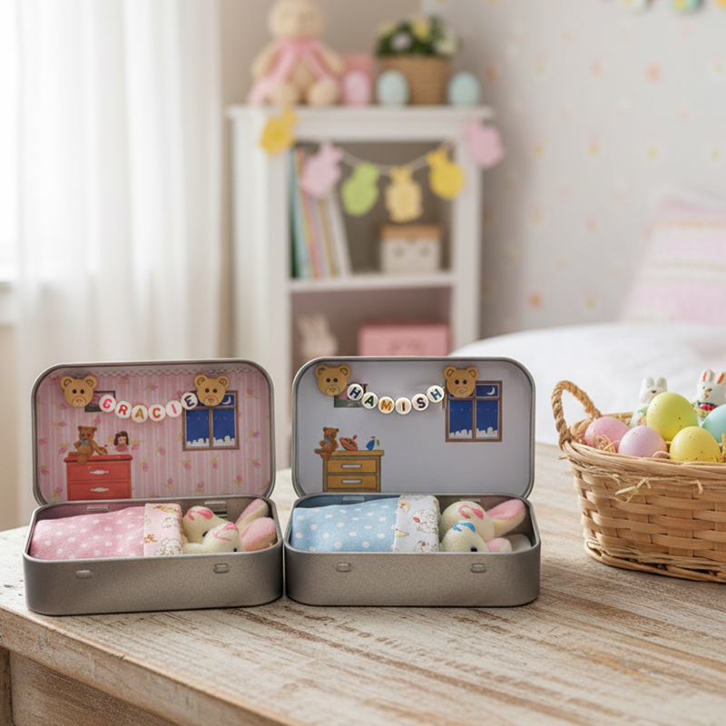 Personalized Easter Bunny Plush Set with Custom Name Bead Chain and Tin Box Room Perfect Gift Basket Filler