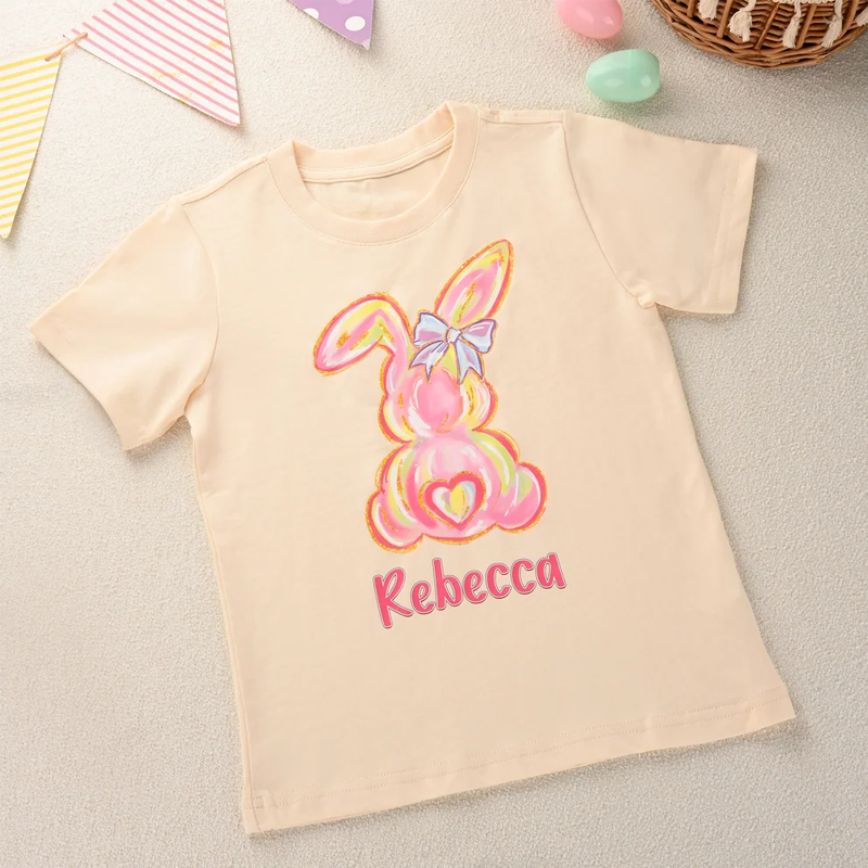 Personalized Fluorescent Graffiti Bunny 100% Cotton Kid T-shirt with Name Party Outfits Photo Props Easter Children's Day Gift for Toddlers Kids
