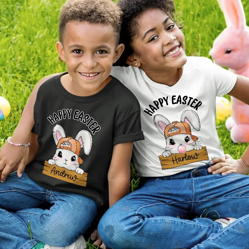 Personalized Happy Easter Cute Bunny 100% Cotton T-shirt with Name Easter Party Gift for Boys Girls
