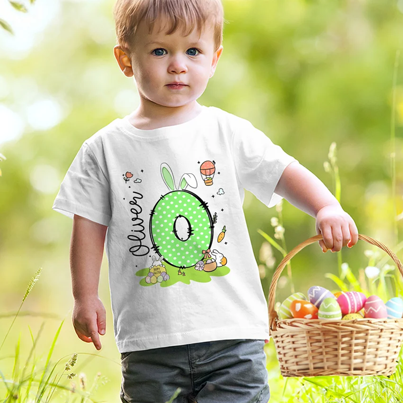 Personalized Cute Bunny Initial 100% Cotton Kid T-shirt with Name Easter Egg Hunt Easter Gift for Boys Girls