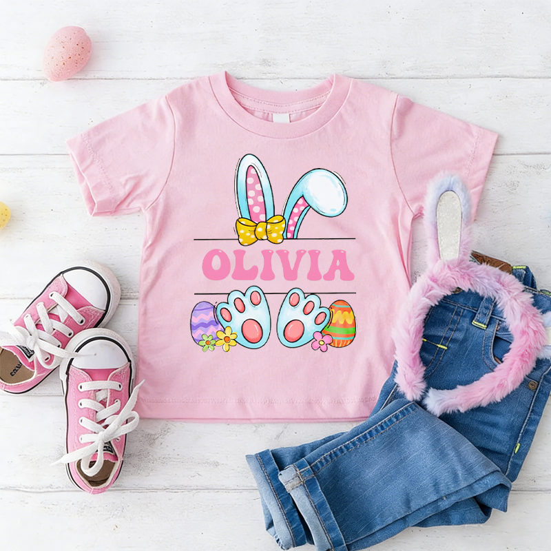 Personalized Cute Bunny Happy Easter Custom Shirt 100% Cotton Kid T-shirt with Name Easter Egg Hunt Easter Gift for Boys Girls
