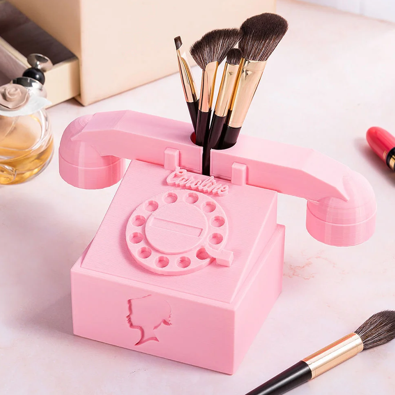 Personalized 3D Pink Doll Inspired Telephone Design Brush Holder with Name Desk Decoration Birthday Gift for Girls Kids