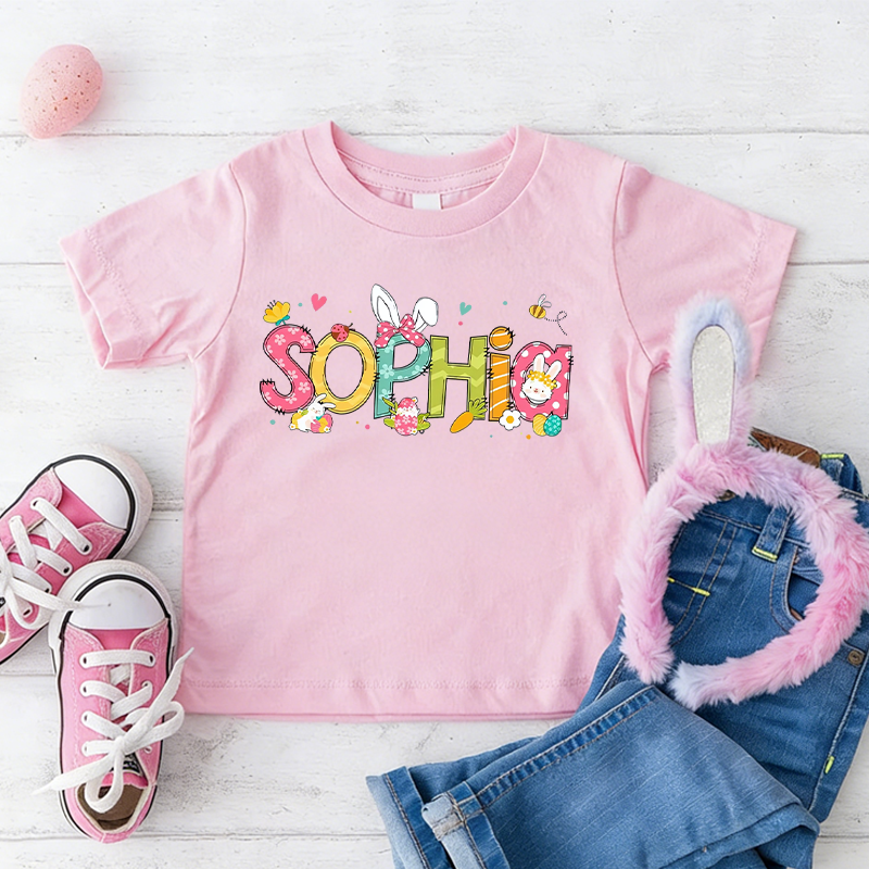 Personalized Cute Bunny Alphabet Easter 100% Cotton Kid T-shirt with Name Easter Egg Hunt Easter Gift for Boys Girls