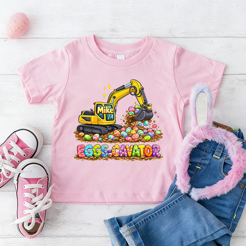 Personalized Cute Bunny Eggs-Cavator Excavator 100% Cotton Kid T-shirt with Name Easter Egg Hunt Easter Gift for Boys Girls