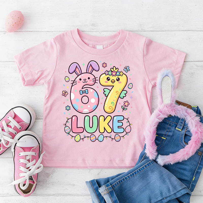 Personalized Cute Bunny 67 Easter 100% Cotton Kid T-shirt with Name Easter Egg Hunt Easter Gift for Boys Girls