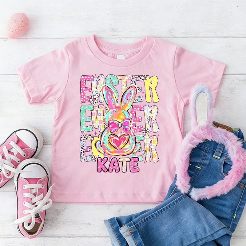 Personalized Cute Bunny Happy Easter Comfort Colors 100% Cotton Kid T-shirt with Name Easter Egg Hunt Easter Gift for Boys Girls