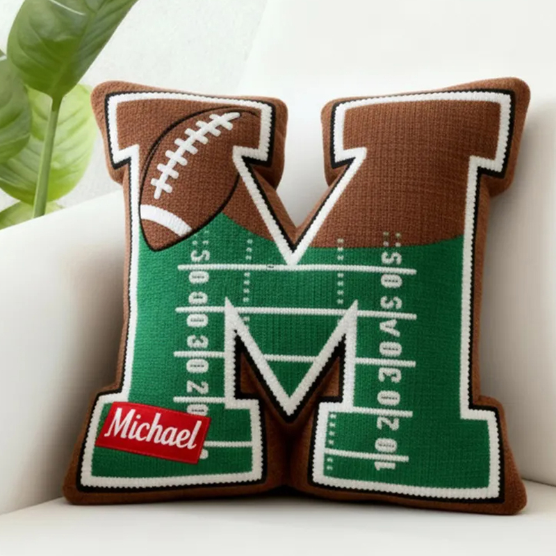 Personalized Football Field Initial Pillow with Custom Name for Kids and Sports Fans