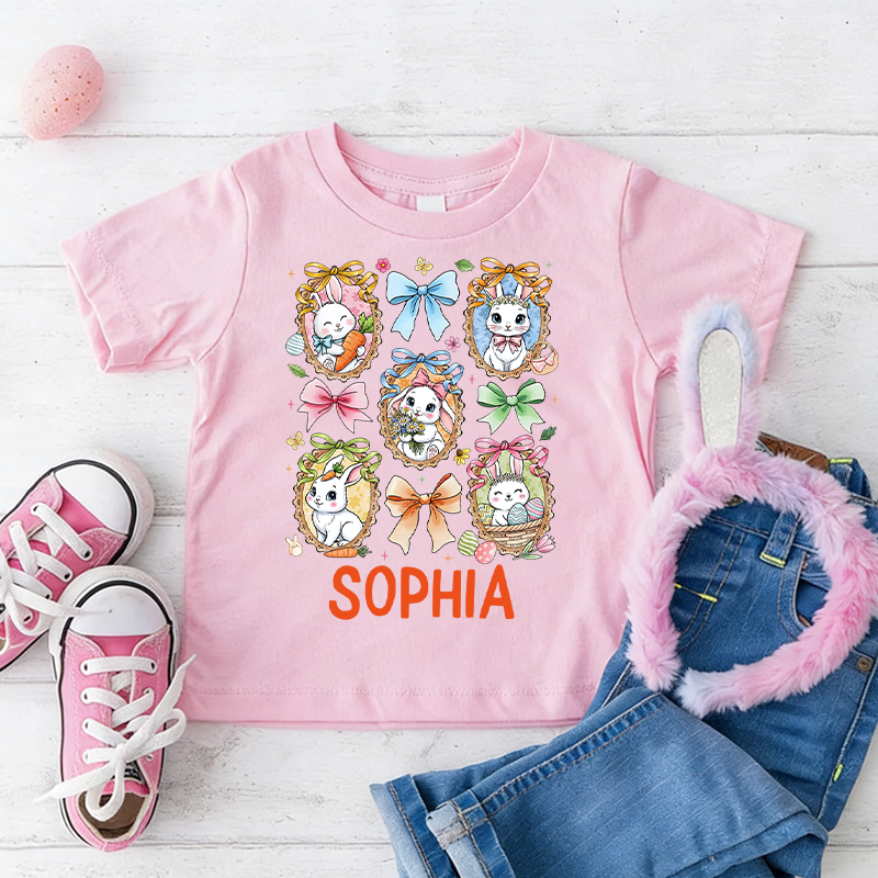 Personalized Cute Floral Coquette Easter Bunny  100% Cotton Kid T-shirt with Name Easter Egg Hunt Easter Gift for Boys Girls