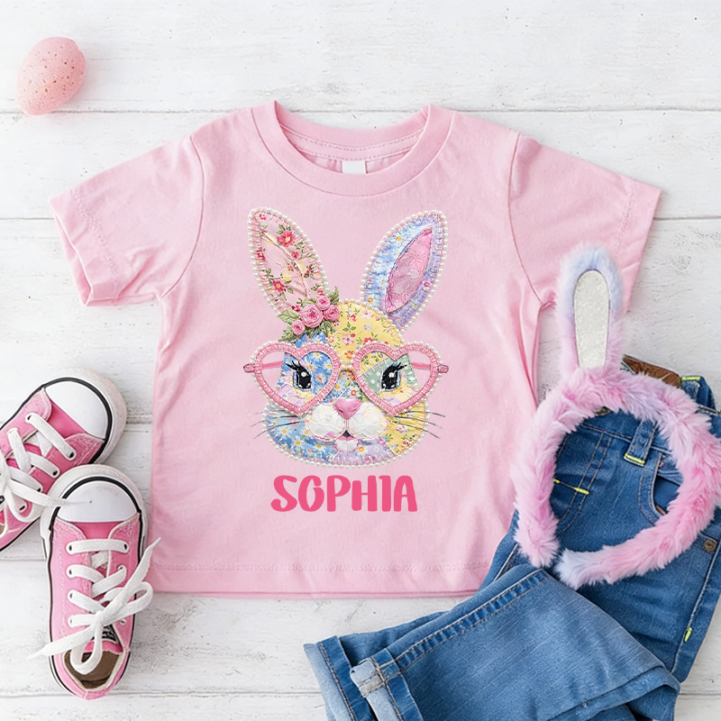 Personalized Cute Floral Bunny Patchwork 100% Cotton Kid T-shirt with Name Easter Egg Hunt Easter Gift for Boys Girls