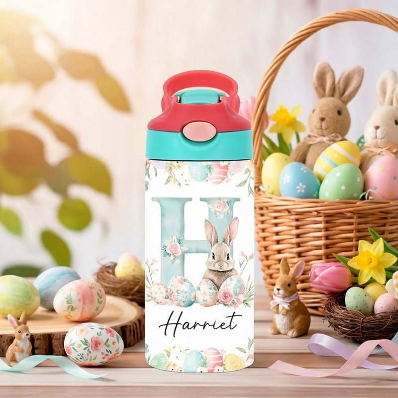 Personalized Cute Easter Bunny Initial 12oz Kid Insulated Name Water Bottle with Handle and Silicone Straw Easter Birthday Gift for Boys Girls