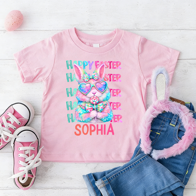Personalized Coquette Easter Bunny 100% Cotton Kid T-shirt with Name Easter Egg Hunt Easter Gift for Boys Girls