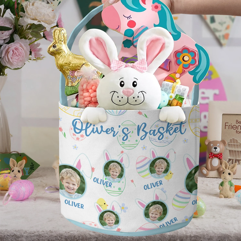 Personalized Kid Happy Easter with Bunny Ears Photo Easter Basket Easter Gifts for Kids