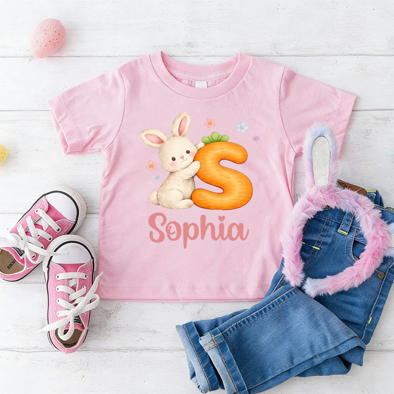 Personalized Easter Bunny Carrot Letter Custom Name Cute Spring Celebration Gift Kid T-shirt