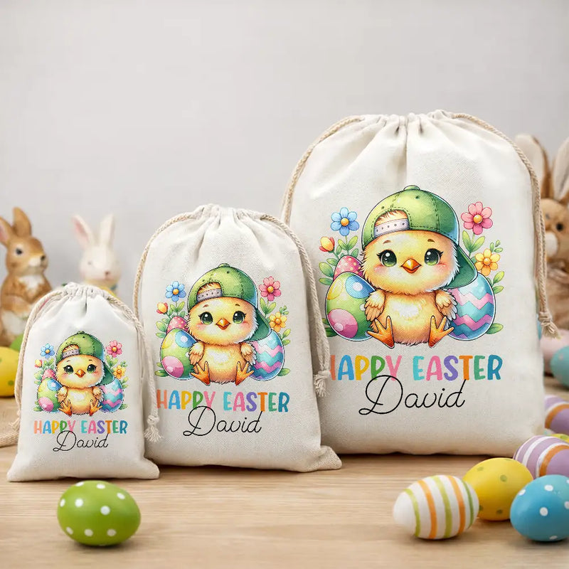 Personalized Happy Easter Watercolor Bunny Favor Bag Easter Party Favors Bunny Drawstring Bags Reusable Easter Bags