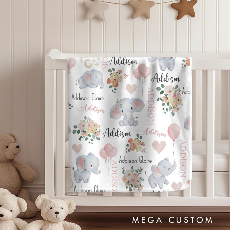 Personalized Elephant And Heart Pattern Baby Blanket Highlighting Cute Elephants And Sweet Details Baby Blanket