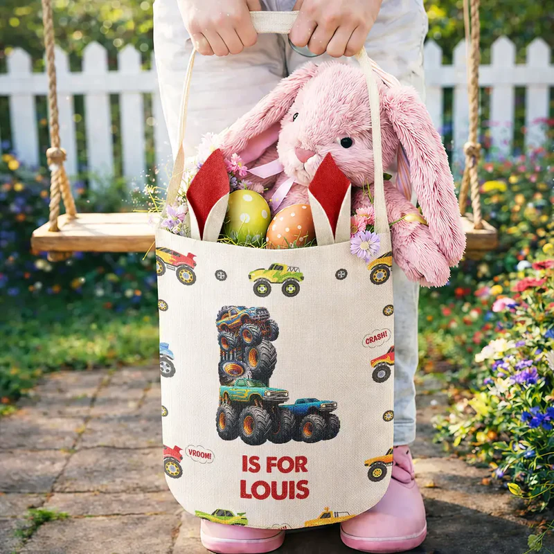 Personalized Kid Monster Truck Toy Container Monogram Initial Bunny Ears Bucket Bag Easter Gift for Kids