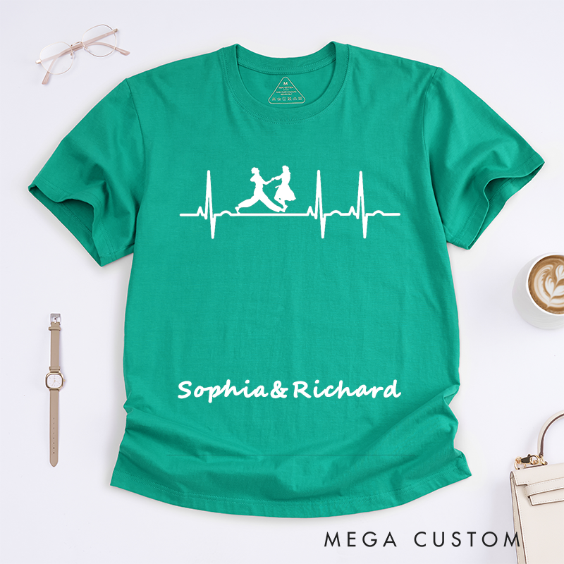 Personalized Dancing Heartbeat T-Shirts Custom Name Gift for Dance Lovers Unique Dance Partner for Him or Her Present Unisex Apparel
