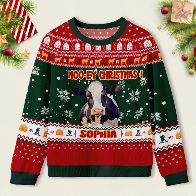 Personalized Cow with Christmas Lights Photo Kids Ugly Christmas Sweater  