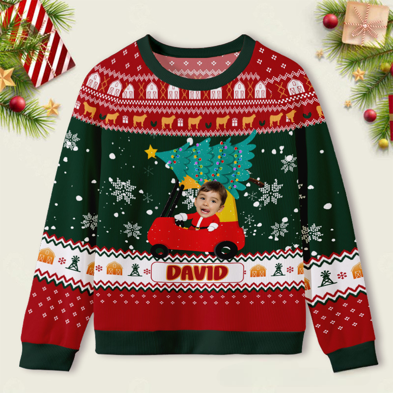 Personalized Red Car with Christmas Tree Photo Kids Ugly Christmas Sweater  