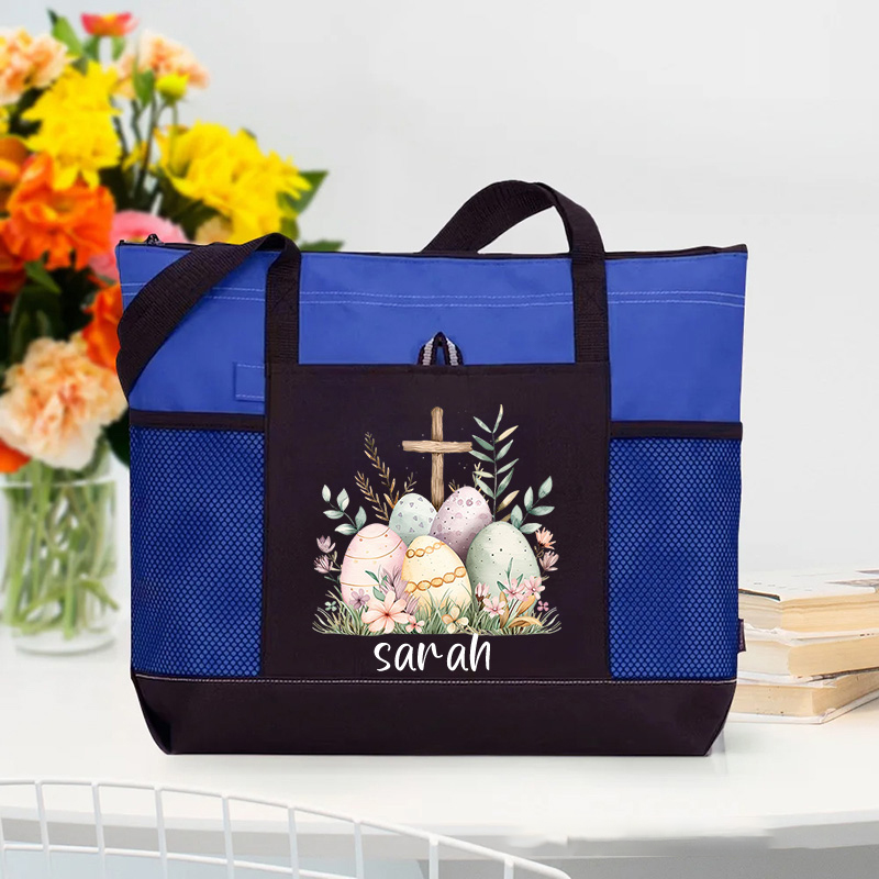 Personalized Easter Eggs Floral Cross Zipper Tote Bag with Name and Mesh Pocket Prayer Day Easter Storage Holiday Gift for Women Christian