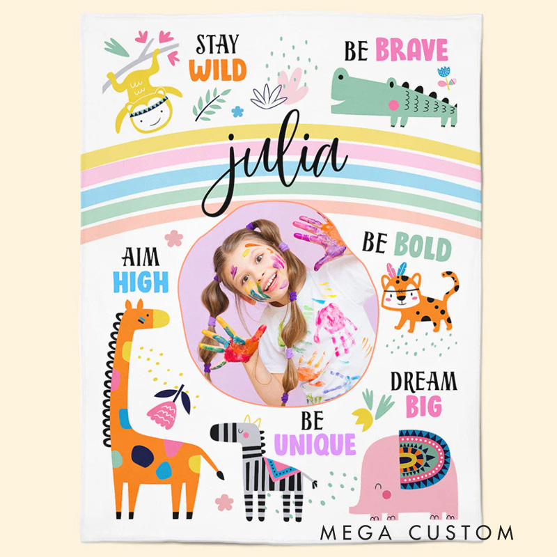 Personalized Stay Wild Affirmations for Kids with Safari Animals Blanket