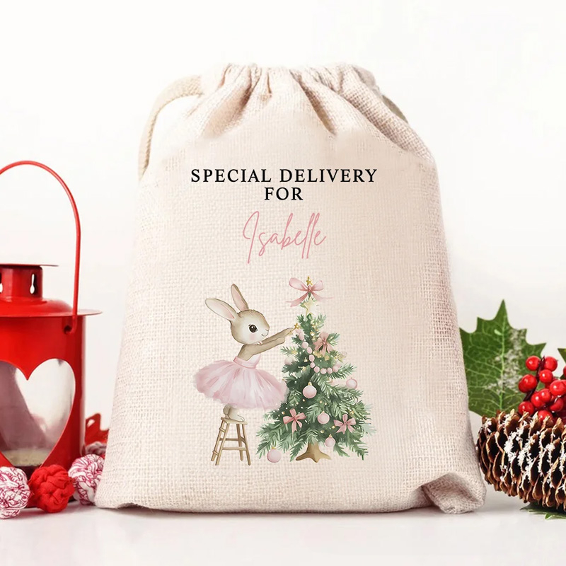 Personalized Christmas Tree Cute Pink Rabbit Santa Sack Gift Bag with Name Christmas Party Favors