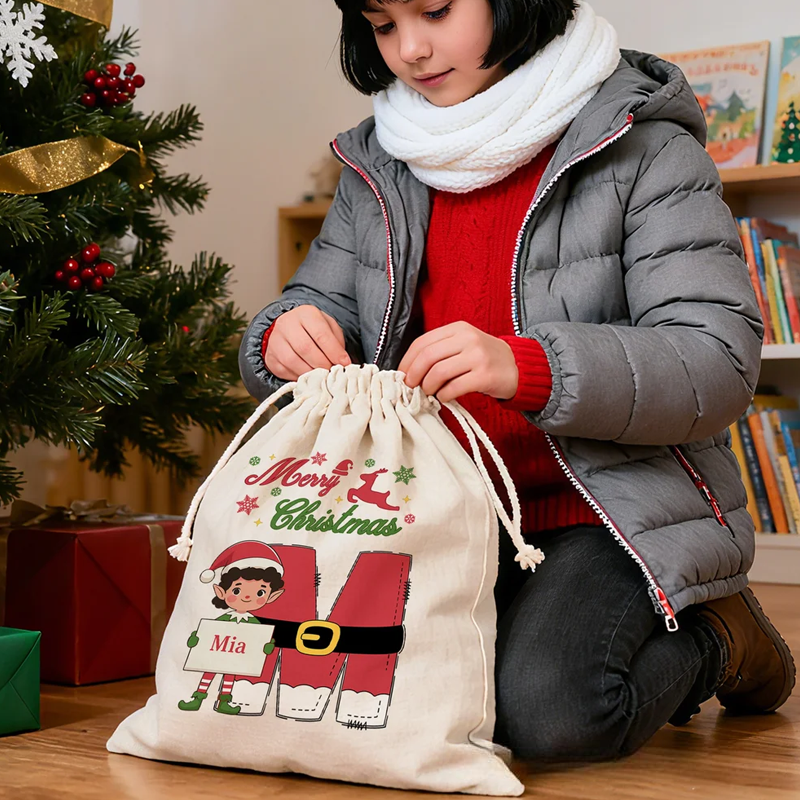 Personalized Christmas Elf Drawstring Canvas Gift Bag with Name and Initial Christmas Party Gift 