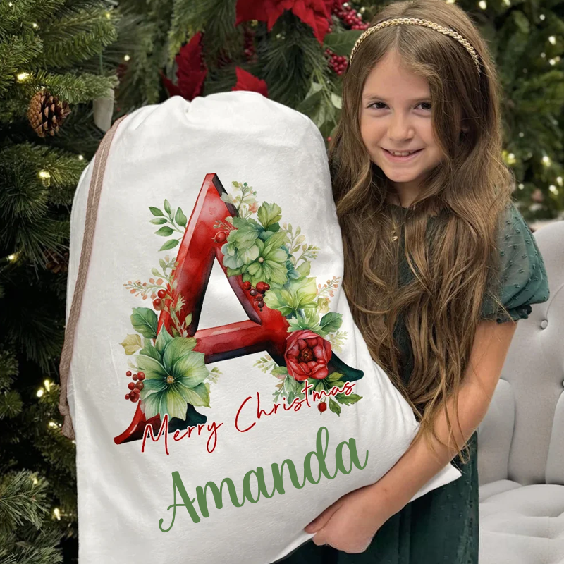 Personalized 3D Floral Initial Christmas Sack Drawstring Treat Bag with Name Christmas Party Favor Gift Sale-megacustom
