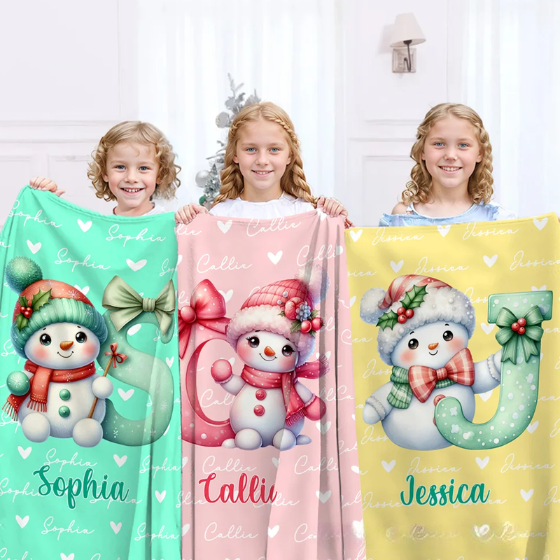 Personalized Santa Hat Snowman Initial Word Cloud Soft Throw Blanket with Name Home Decor Christmas Gift