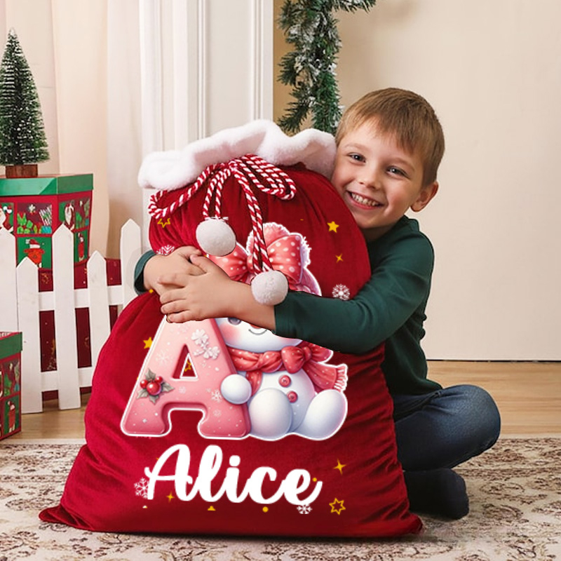 Personalized Cute Cartoon Santa Hat Snowman Initial Drawstring Gift Bag with Name Christmas Gift 