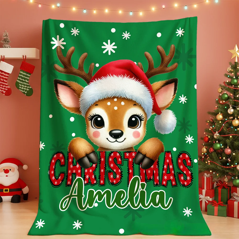 Personalized Santa Hat Deer Dream Horse Cute Animal Soft Throw Blanket with Name Christmas Gift