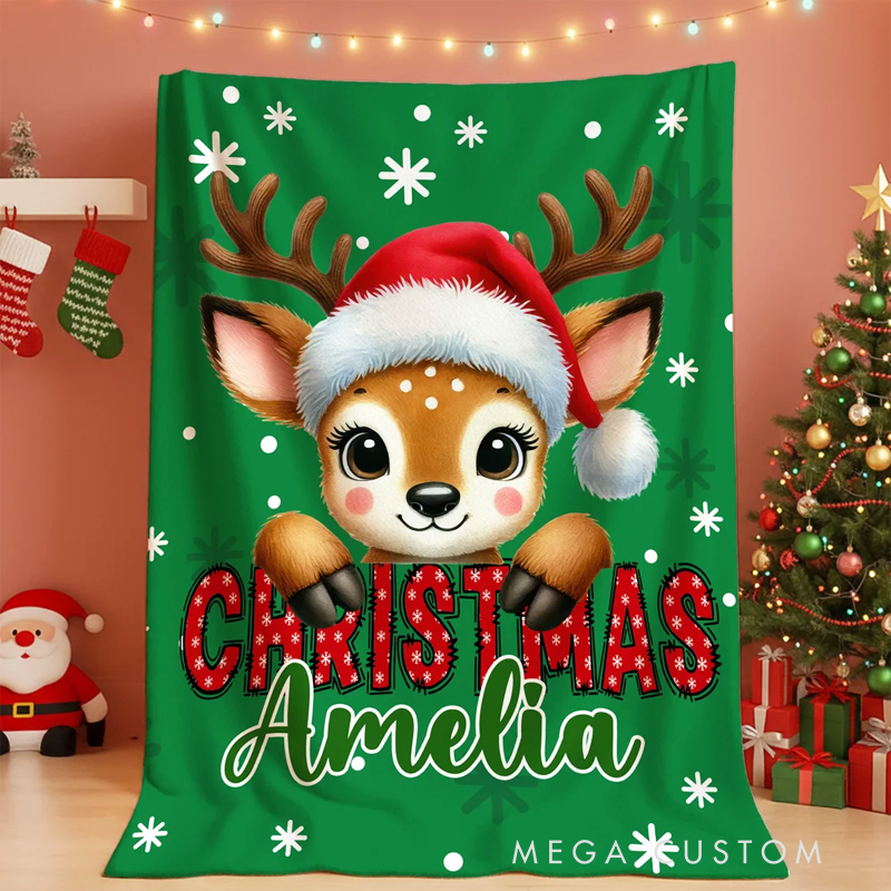 Personalized Santa Hat Deer Fantasy Unicorn Cute Animal Soft Throw Blanket with Name Christmas Gift