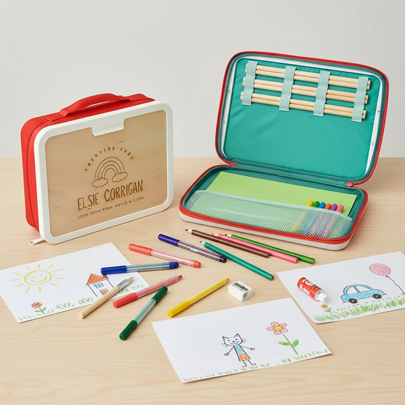 Personalized Kids Art Box Double Sided Customizable Wooden Portable Drawing Board and Storage Case