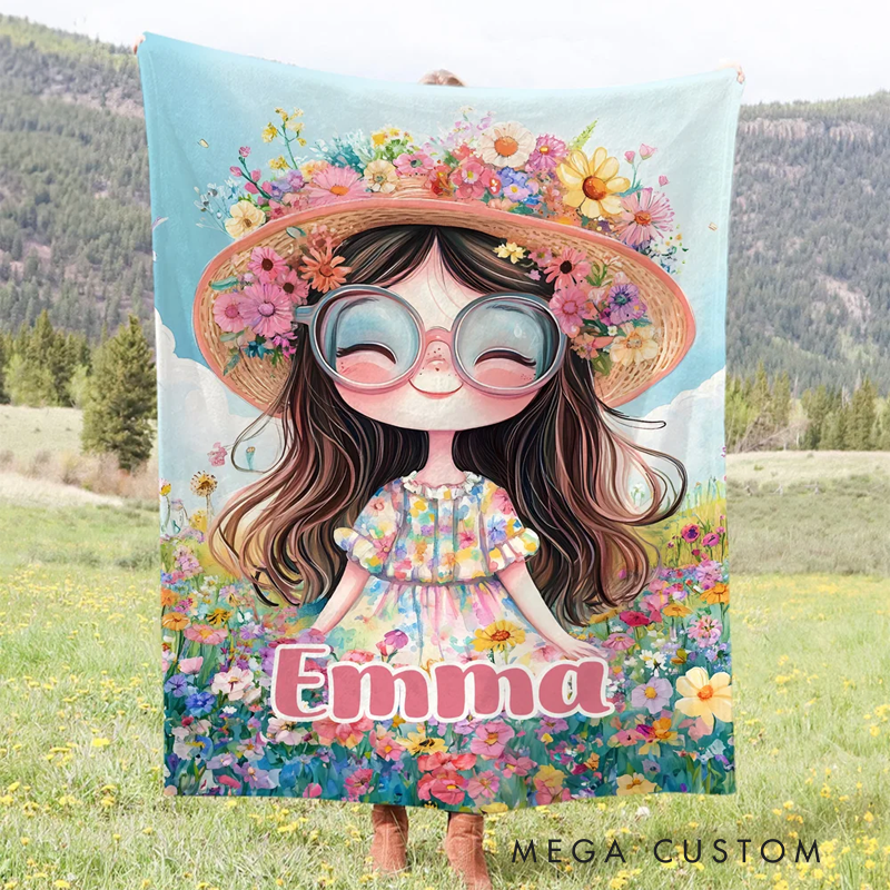 Personalized Cartoon Quirky Flower Girl Soft Throw Blanket with Name Home Decor Daily Use Christmas Gift