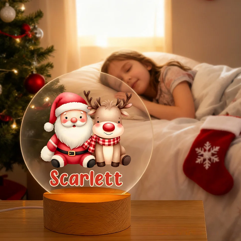 Personalized Cartoon Santa Claus Acrylic LED Night Light with Name and Wooden Base Room Decor Christmas Gift for Kid Baby