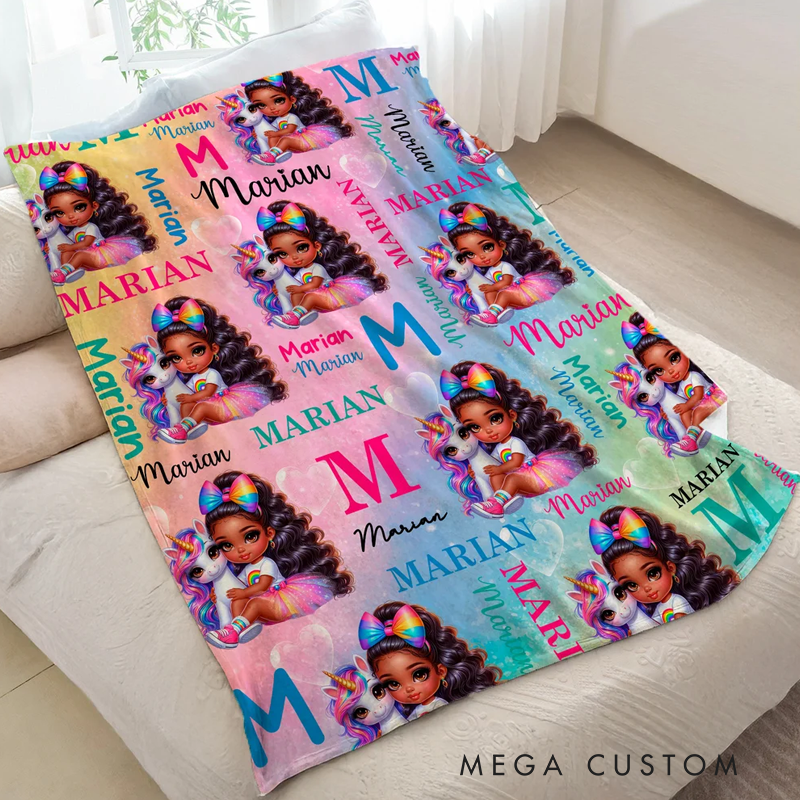 Personalized Cartoon Black Character Fantasy Unicorn Rainbow Soft Throw Blanket with Name Home Decor Birthday Christmas Gift for Boys Girls