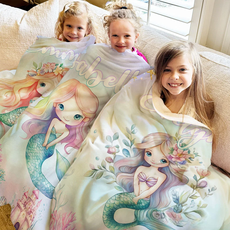 Personalized Fantasy Mermaid Princess Underwater World Soft Throw Blanket with Name Home Decor Birthday Gift for Girls
