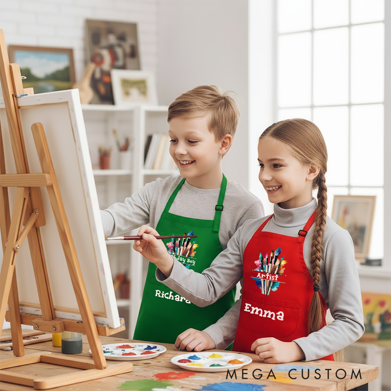 Personalized Paintbrush Design Kids Art Apron Art Party Apron Chef Hat Set with Name Cooking Handcraft Activities Birthday Holiday Gift for Kids