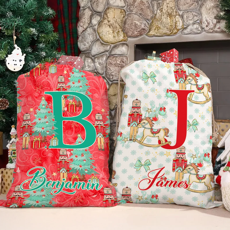 Personalized Christmas Tree Cartoon Nutcracker Canvas Drawstring Gift Bag with Name and Initial Christmas Gift 