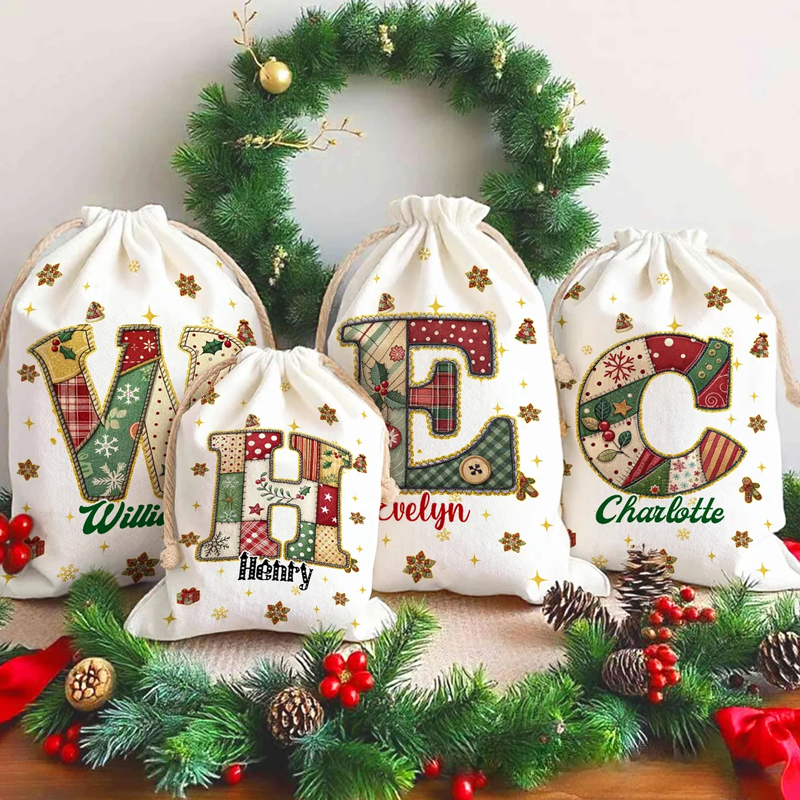 Personalized Christmas Tree Snowflake Initial Drawstring Canvas Gift Bag with Name Christmas Eve Party Favors for Kids